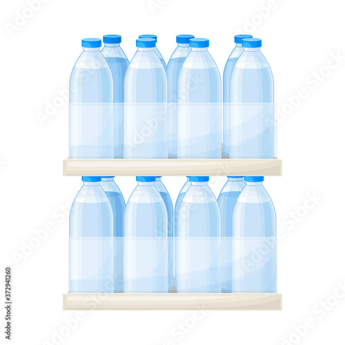 Drinking Water Poured in Plastic Bottles Rested on Supermarket Shelf Vector Illustration