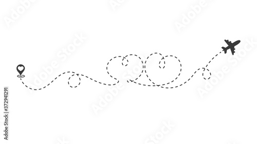 Plane route That travels in a dotted line of double hearts For a trip to the honeymoon.