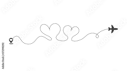 Plane route That travels in a dotted line of double hearts For a trip to the honeymoon.