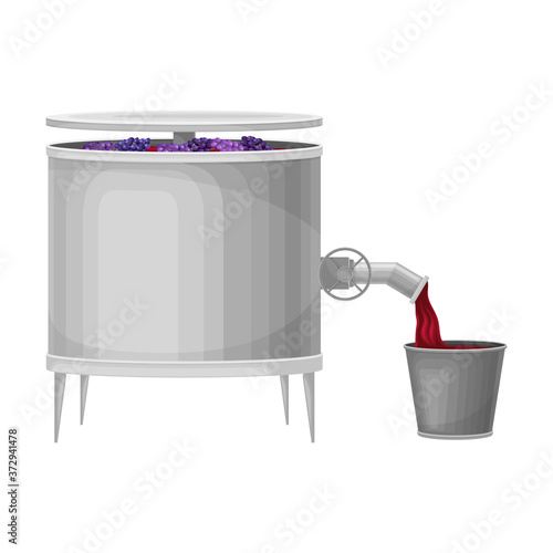 Crushing Grapes in Metal Tank with Pressing Equipment Vector Illustration