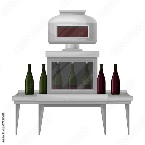 Wine Bottling Process with Glass Bottles Moving on Conveyor Belt Vector Illustration