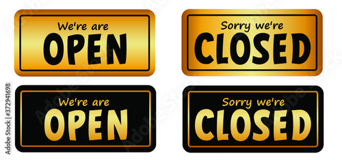 Open and closed board signs The sign is openly close, green and red label Vector hanging tags icons Come In, We're or We are Open Sorry we're closed signboard office or store market old door icons