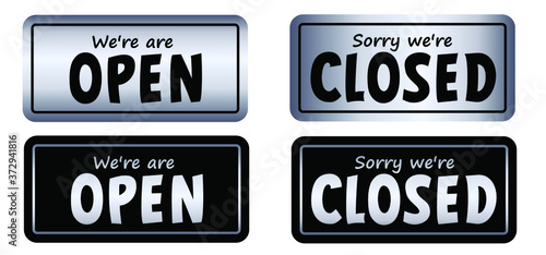 Open and closed board signs The sign is openly close, green and red label Vector hanging tags icons Come In, We're or We are Open Sorry we're closed signboard office or store market old door icons