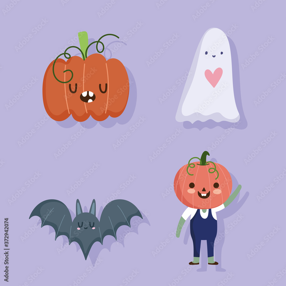 happy halloween, ghost pumpkin bat and costume trick or treat party celebration
