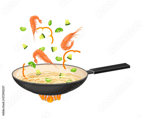 Chinese Udon Noodle Stir-frying in Wok Pan on Burner Vector Illustration