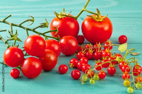 Freshly natural red tomatoes background. ripe tomato. Healthy eating and nutrition. natural raw fruits close up. Solanum pimpinellifolium (Lycopersicon pimpinellifolium), cherry and common tomatoes photo