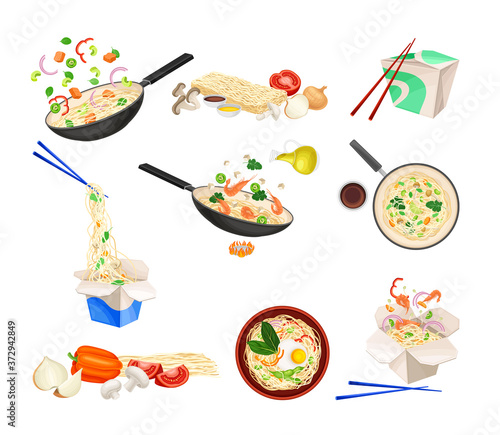 Chinese Udon Noodle Preparation Steps with Ingredients Chopping and Stir-frying in Wok Pan Vector Set