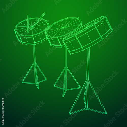 Musical instruments set. Rock band kit. Percussion musical instrument drum and stick. Wireframe low poly mesh vector illustration.