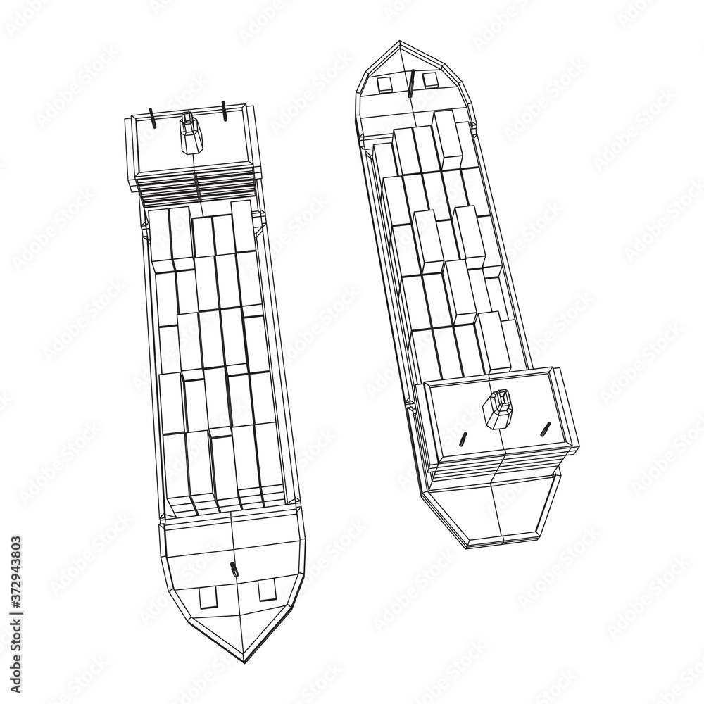Heavy dry cargo ship of bulk carrier with freight containers. Wireframe