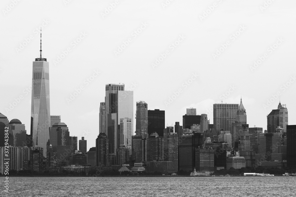 The New York City skyline in black and white.