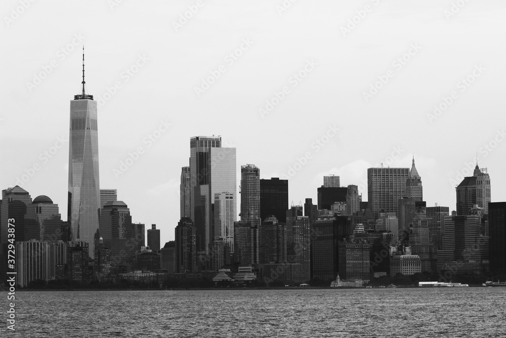 Fototapeta premium The New York City skyline in black and white.