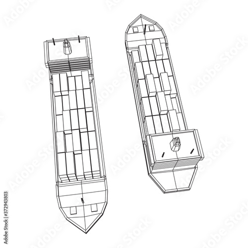 Heavy dry cargo ship of bulk carrier with freight containers. Wireframe low poly mesh vector illustration.