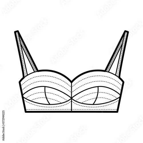 Bustier top technical fashion illustration with cropped length, cups and a cutaway front, straps. Flat bra swimwear lingerie apparel template front, white color. Women, men unisex underwear CAD mockup