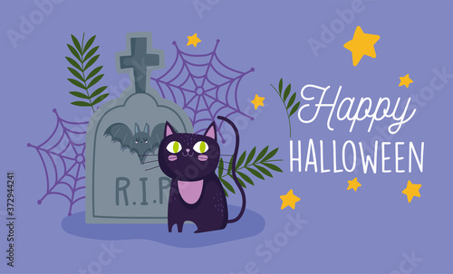 happy halloween  black cat tombstone bat cobweb stars trick or treat party celebration