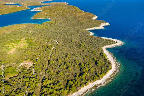 Amazing seascape on Adriatic sea, long shore of the island of Dugi Otok in Croatia, aerial view from drone