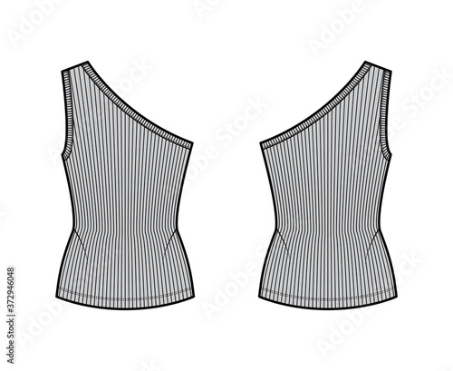 One-shoulder ribbed stretch-jersey tank technical fashion illustration with slim fit, tunic length. Flat outwear cami top apparel template front, back grey color. Women, men unisex shirt knit mockup