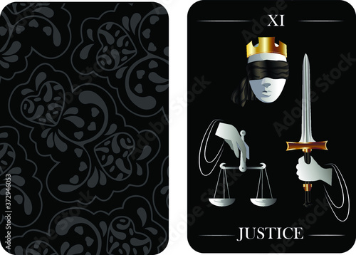 Old arcana JUSTICE tarot card.  Vector shirt card pattern