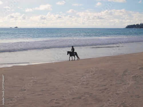 Horse rider with cowboy hat. Black horse with a man in the saddle is walking along the water line along the sandy beach. Sea, sky with clouds. Open ocean. Seascape. Lonely rider. Panorama, seascape