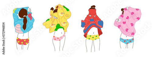Set of girls who is taking off a sweater. Line art. Simple girls' silhouettes.