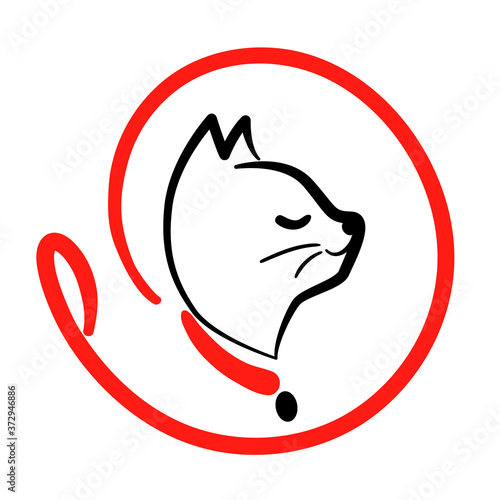 Cat walking service logo in line style on round from leash. Happy kitty training icon. Walk pet symbol in black red vector outline illustration. Simple Cartoon animal logotype