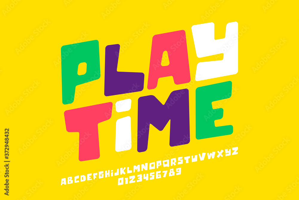 Playful style font design, playtime childish alphabet letters and numbers - obrazy, fototapety, plakaty 