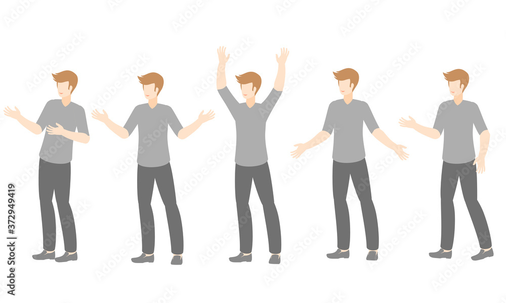 Cool young man happy gestures on different poses,flat design style,isolated on white background.Vector illustration about character set.