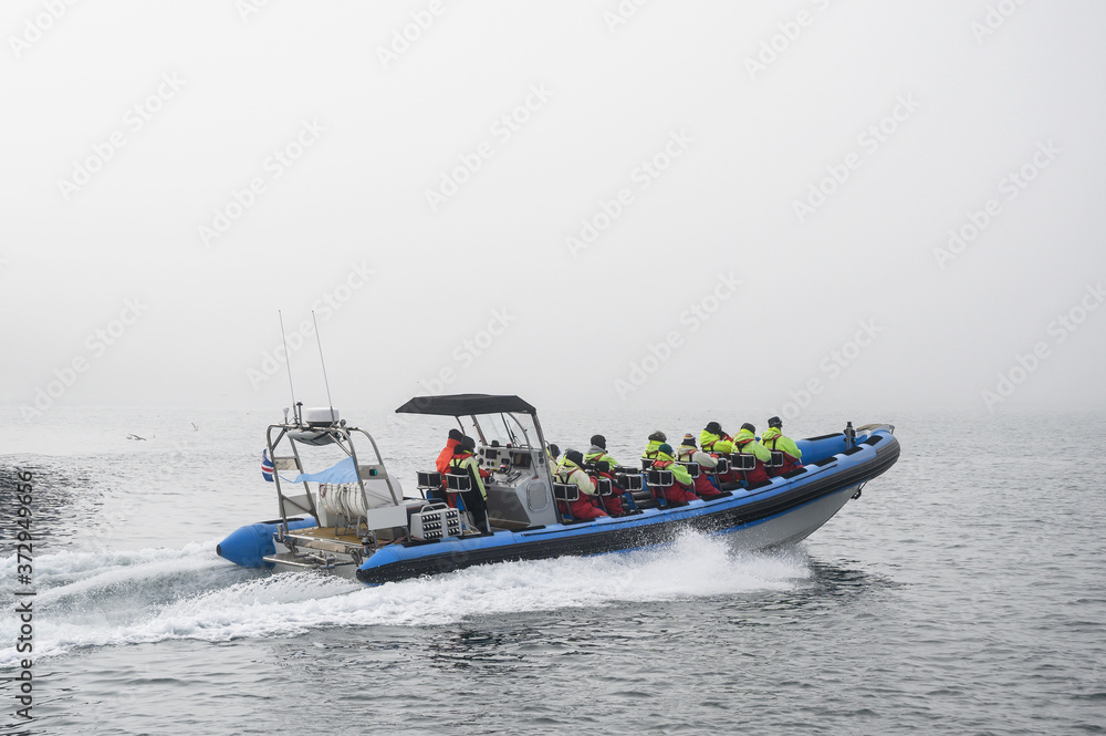 Tourists on speedboat during starting whale watching tour in foggy weather conditions