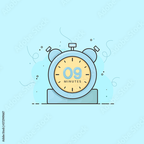9 minutes alarm clock, timer, stopwatch vector time symbol. 9 minutes vector icon flat illustration.