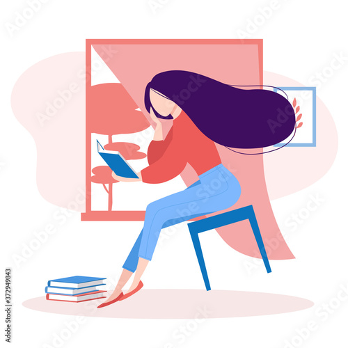 Book lovers, literature fan. Elegant girl reading with enthusiasm, floating in the air. Young woman studying, preparing to exam. Isolated vector illustration