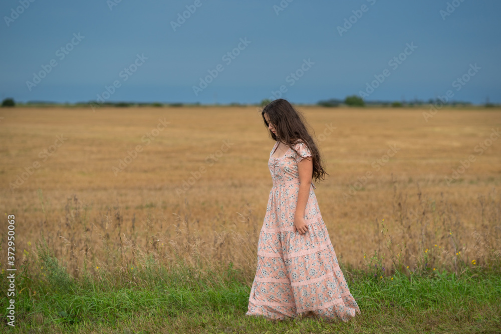 Obraz premium Beautiful young girl walking in a field. A girl in a rustic dress with long hair stands with her back to the camera and looks at a freshly cut and harvested field. 