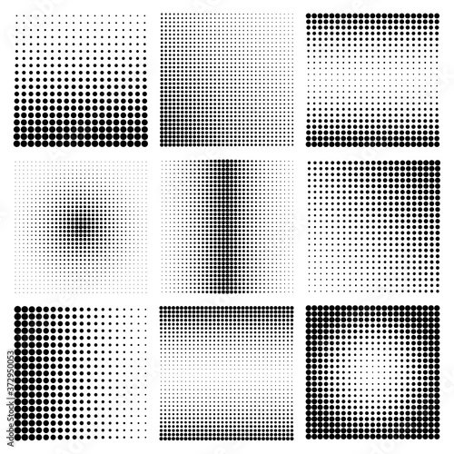 Halftone design elements with black dots isolated on white background. Comic dotted pattern.Vector illustration.