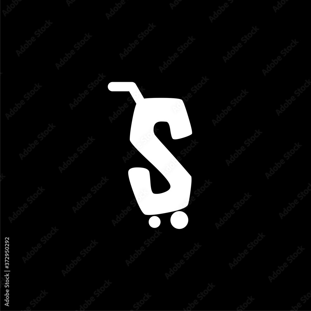 Abstract letter S on shopping cart isolated on dark background Abstract letter S on shopping cart isolated on dark background