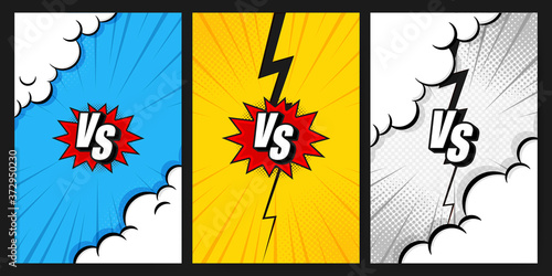 Versus VS letters fight vertical backgrounds set in flat comics style design with halftone, lightning. Vector illustration.