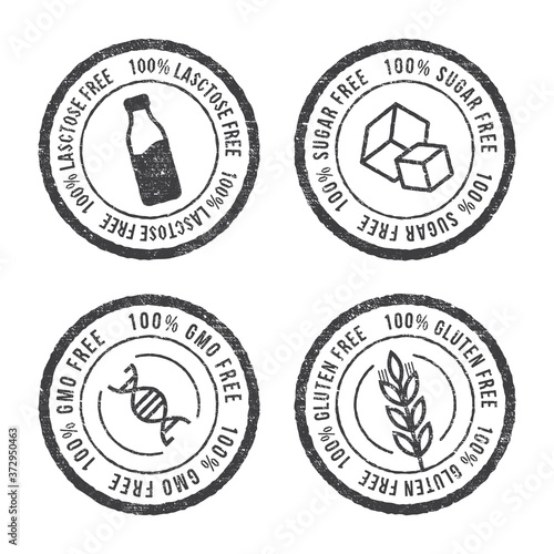 Lactose free, Sugar free, Gluten free, GMO free vector stamp for food emblems designs, can be used as stamps, seals, badges, for packaging etc.