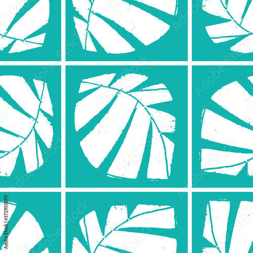 Mono print style tropical leaves seamless vector pattern background. Backdrop with textured cut out foliage in tiled geometric layout. Aqua blue white painterly design. Modern abstract repeat