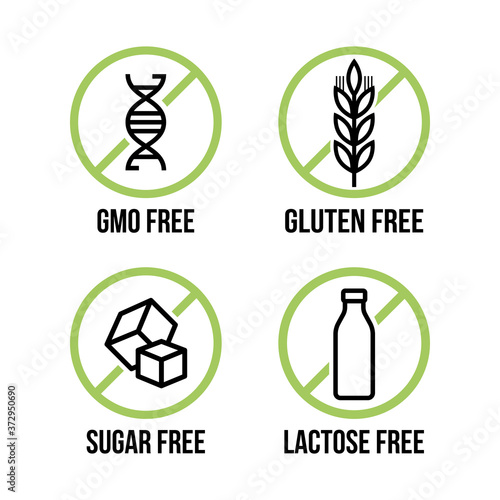 Lactose free, Sugar free, Gluten free, GMO free vector labels for food emblems designs, can be used as stamps, seals, badges, for packaging etc.