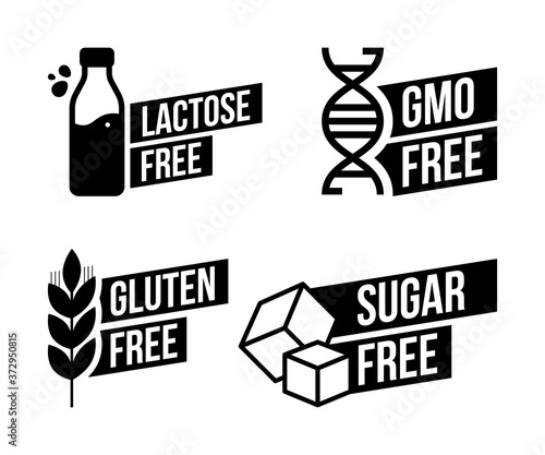 Lactose free, Sugar free, Gluten free, GMO free vector labels for food emblems designs, can be used as stamps, seals, badges, for packaging etc.