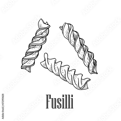 Italian pasta fusilli. Hand drawn sketch style illustration of traditional italian food. Best for menu designs and packaging. Vector drawing isolated on white background.