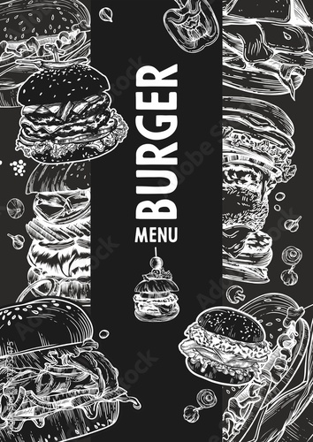 Fast food bitmap sketch colorful banners. Design templates with hand-drawn hamburger, sandwich, French fries