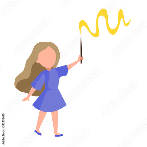 Flat Vector illustration of a beautiful sorceress with a magic wand on a white isolated background. Stock image