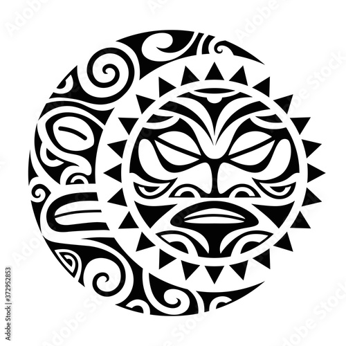Sun and moon maori style tattoo sketch.  Round tribal ornament.
