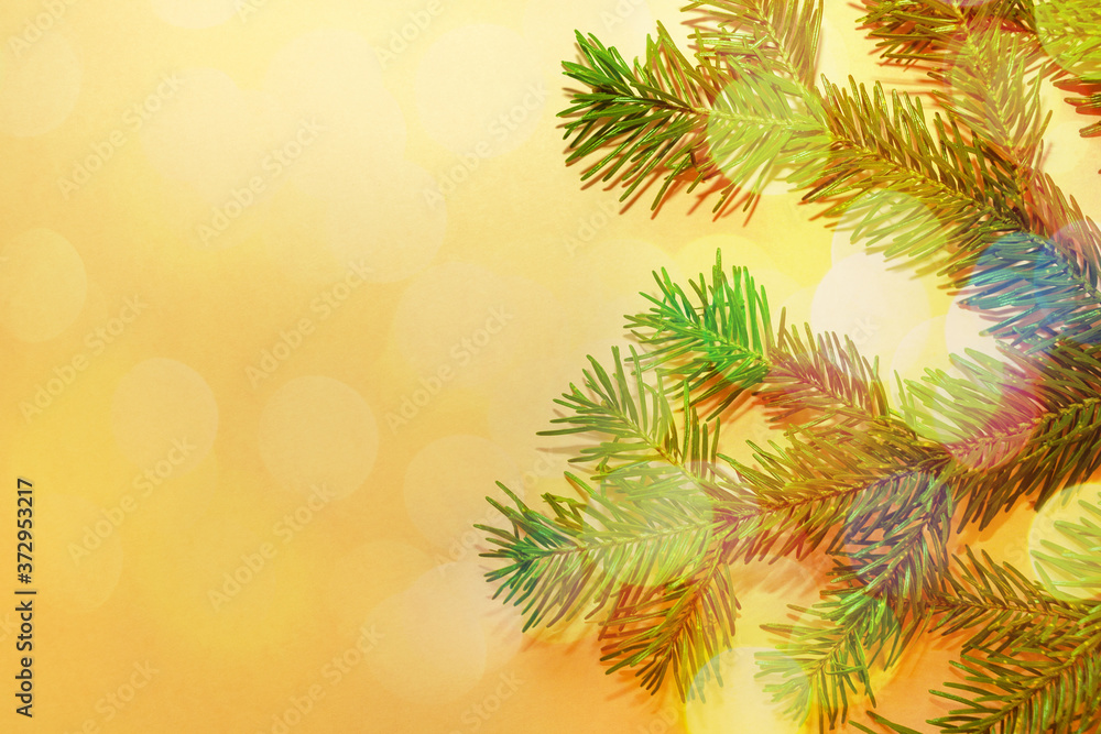 Green spruce branch close up on yellow background with multicolored bokeh. Christmas or New Year festive background. Greeting card or invitation with copy space for text.