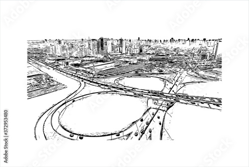 Building view with landmark of Aparecida de Goiania is a city and municipality in central Goias, Brazil. Hand drawn sketch illustration in vector.