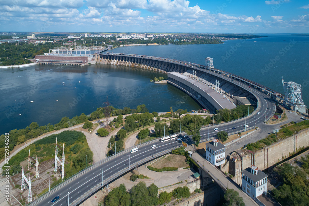 Flying over the hydroelectric power station on the Dnieper River