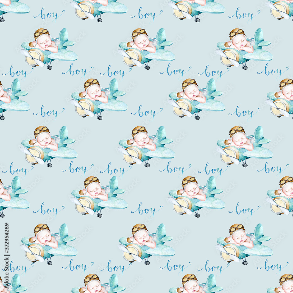 Watercolor seamless pattern with baby boy Watercolor seamless pattern with baby boy