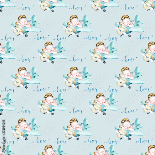 Wallpaper Mural Watercolor seamless pattern with baby boy Torontodigital.ca