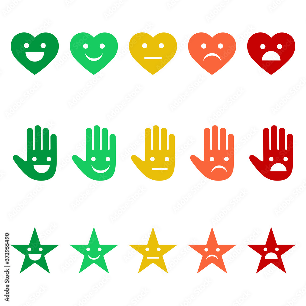 illustration of a variety of emotions emoticons in the form of a heart, hands and stars on a white background