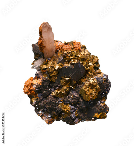 Close up rock of gold ore with crystals isolated photo