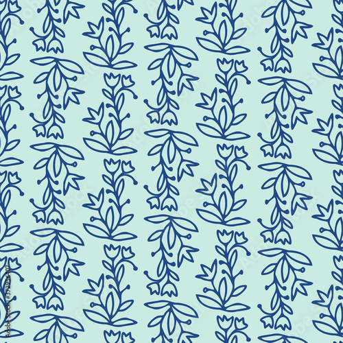 Seamless vector pattern of ornamental lined abstract flowers in blue tones