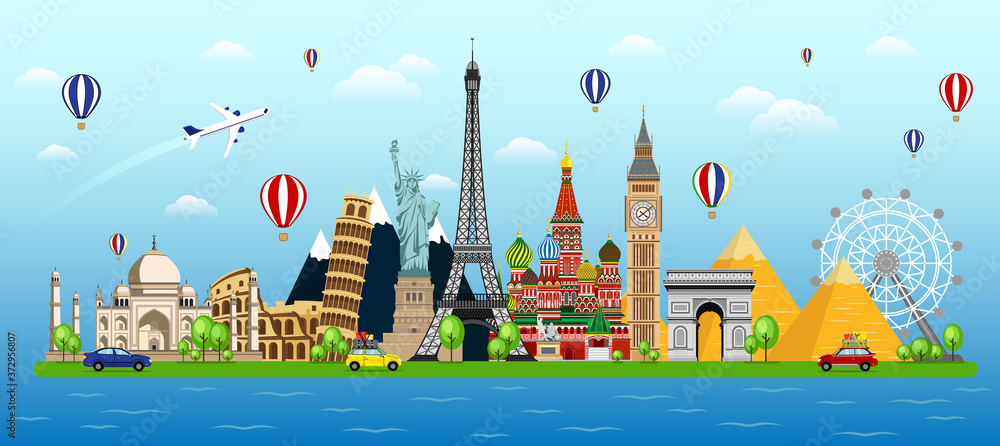 Travel with famous world landmarks. Travel around the world concept ...